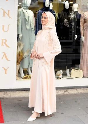 Krem Gold Aplike Abaya Takim
