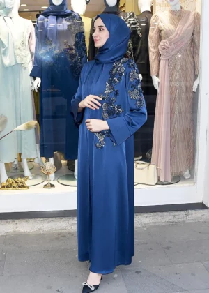 Lacivert Gold Nakış İşlemeli Abaya Takım