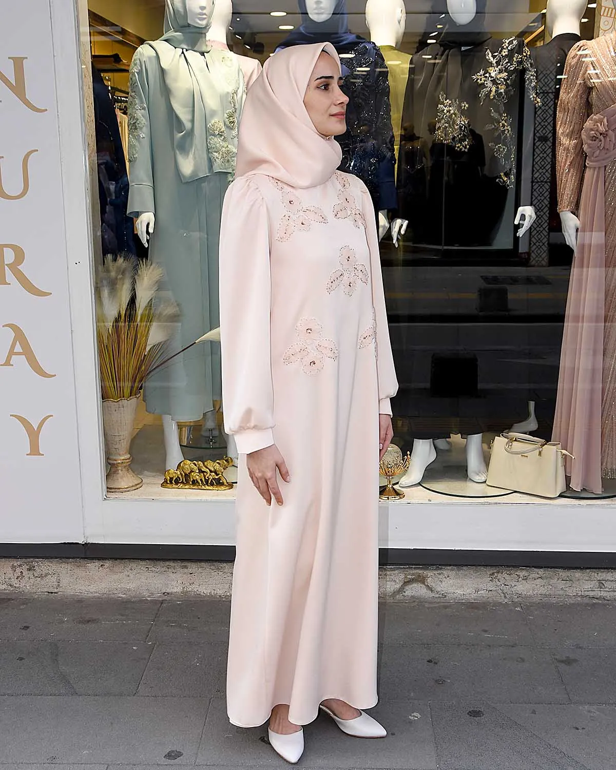 Krem Gold Aplike Abiye Elbise