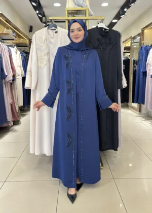 AY-4010 LACİVERT BOYDAN TAŞ İŞLEMELİ ABAYA TAKIMI