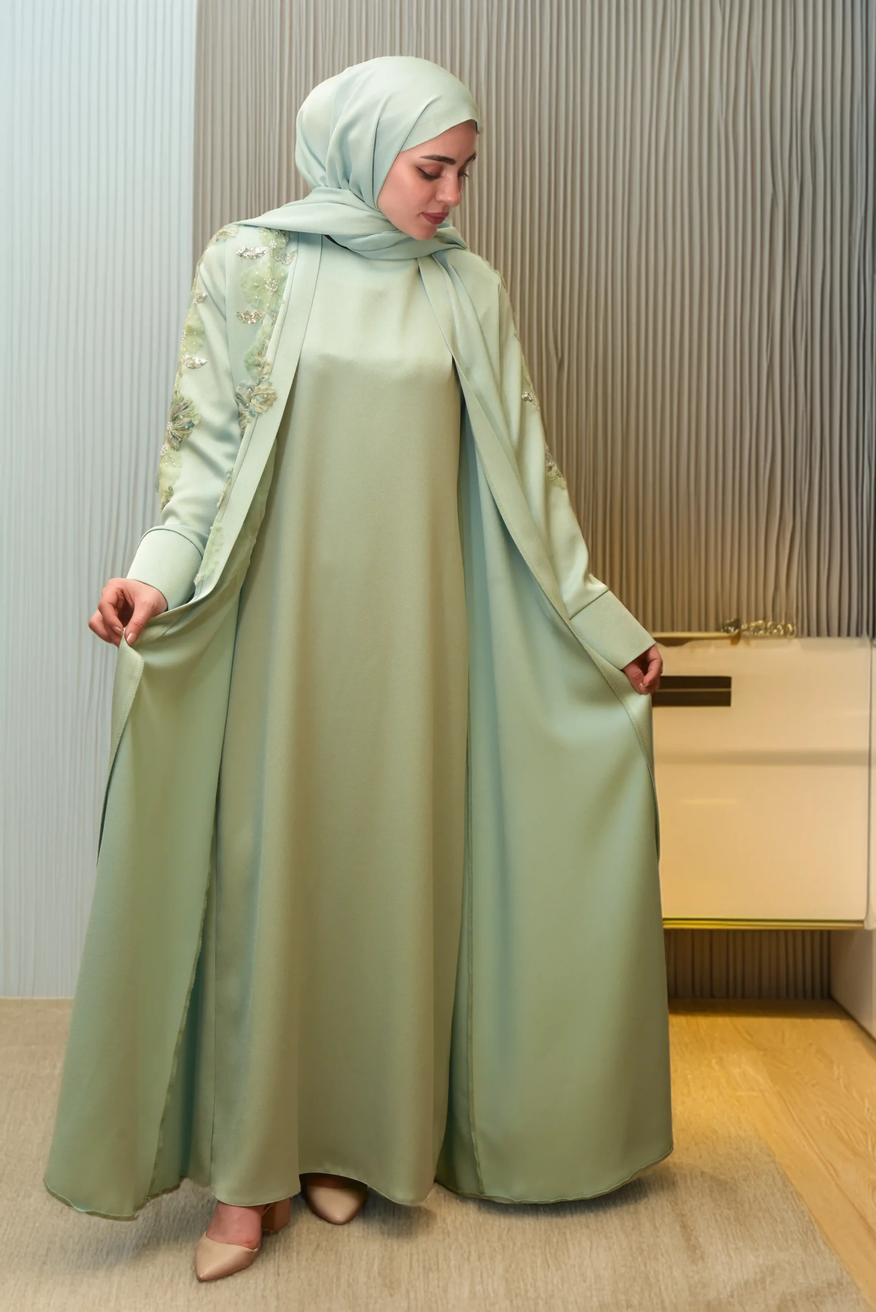AY-1010M-MİNT YEŞİLİ ABAYA TAKIM MANŞETLİ - Görsel 6