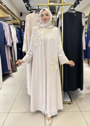 AY-2010M MANŞETLİ KREM ABAYA TAKIMI